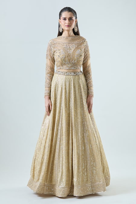 Buy_Samyukta Singhania_Gold Net, Georgette Sequins, Beads Floral Vine Embroidered Bridal Lehenga Set 