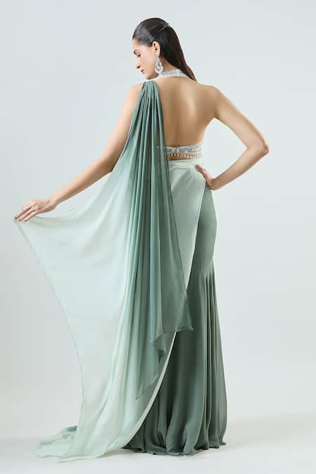 Shop_Samyukta Singhania_Green Net, Georgette Sequins, Beads Halter Ombre Pre-draped Mermaid Saree Set _at_Aza_Fashions
