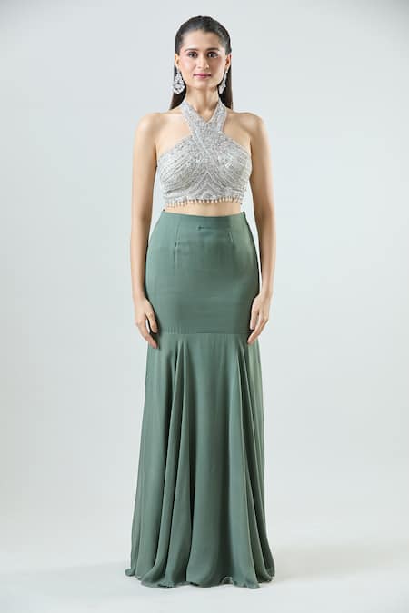 Samyukta Singhania_Green Net, Georgette Sequins, Beads Halter Ombre Pre-draped Mermaid Saree Set _Online_at_Aza_Fashions