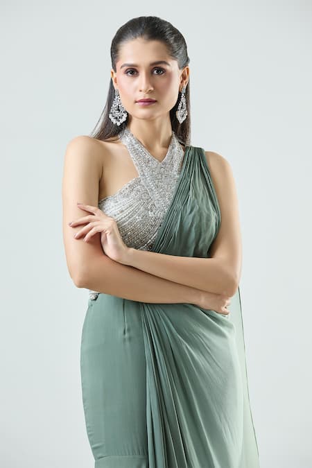 Buy_Samyukta Singhania_Green Net, Georgette Sequins, Beads Halter Ombre Pre-draped Mermaid Saree Set _Online_at_Aza_Fashions