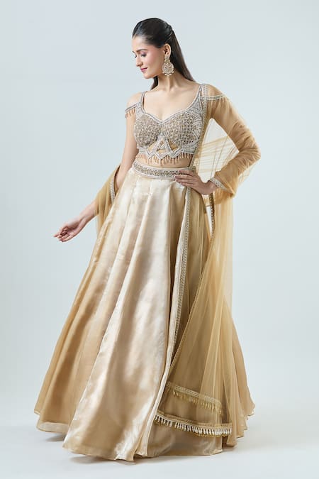 Shop_Samyukta Singhania_Gold Net, Tissue Beads, Panelled Lehenga Set With Embellished Shoulder Blouse _Online_at_Aza_Fashions
