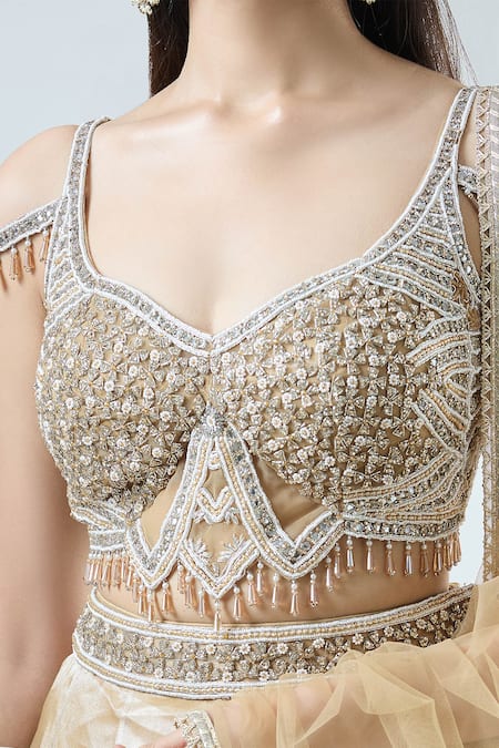 Samyukta Singhania_Gold Net, Tissue Beads, Panelled Lehenga Set With Embellished Shoulder Blouse _at_Aza_Fashions
