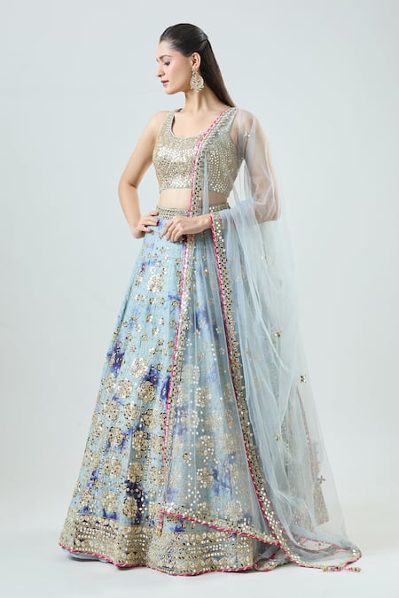 Buy_Samyukta Singhania_Blue Silk, Net Mirrors, Embroidery Mirrorwork Embellished Tie-dye Lehenga Set _Online_at_Aza_Fashions