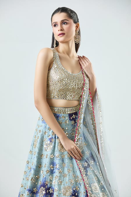 Shop_Samyukta Singhania_Blue Silk, Net Mirrors, Embroidery Mirrorwork Embellished Tie-dye Lehenga Set _Online_at_Aza_Fashions
