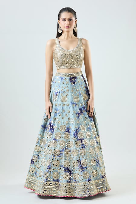 Buy_Samyukta Singhania_Blue Silk, Net Mirrors, Embroidery Mirrorwork Embellished Tie-dye Lehenga Set 