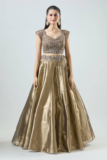 Samyukta Singhania_Gold Tissue, Net Beads, Sequins Panelled Lehenga Set With Embellished Blouse _Online_at_Aza_Fashions
