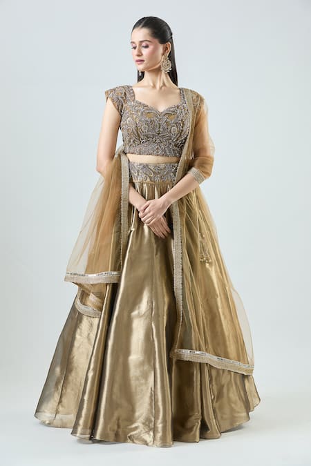 Shop_Samyukta Singhania_Gold Tissue, Net Beads, Sequins Panelled Lehenga Set With Embellished Blouse _Online_at_Aza_Fashions