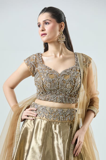 Samyukta Singhania_Gold Tissue, Net Beads, Sequins Panelled Lehenga Set With Embellished Blouse _at_Aza_Fashions