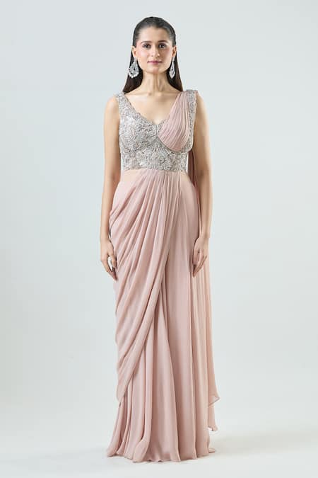 Samyukta Singhania Pink Net, Georgette Sequins, Floral Embellished Bodice Pre-stitched Saree Gown Online at Aza Fashions Samyukta Singhania_Pink Net, Georgette Sequins, Floral Embellished Bodice Pre-stitched Saree Gown _Online_at_Aza_Fashions