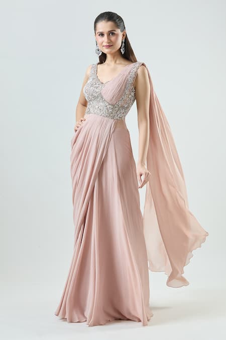 Buy Samyukta Singhania Pink Net, Georgette Sequins, Floral Embellished Bodice Pre-stitched Saree Gown Online at Aza Fashions Buy_Samyukta Singhania_Pink Net, Georgette Sequins, Floral Embellished Bodice Pre-stitched Saree Gown _Online_at_Aza_Fashions