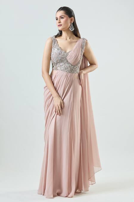 Shop Samyukta Singhania Pink Net, Georgette Sequins, Floral Embellished Bodice Pre-stitched Saree Gown Online at Aza Fashions Shop_Samyukta Singhania_Pink Net, Georgette Sequins, Floral Embellished Bodice Pre-stitched Saree Gown _Online_at_Aza_Fashions