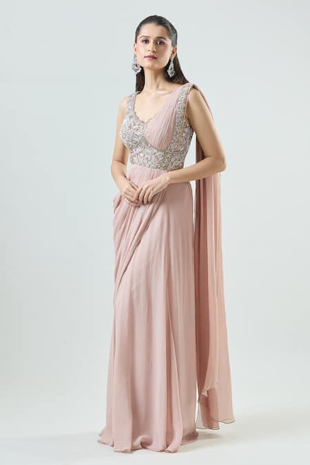 Samyukta Singhania Pink Net, Georgette Sequins, Floral Embellished Bodice Pre-stitched Saree Gown at Aza Fashions Samyukta Singhania_Pink Net, Georgette Sequins, Floral Embellished Bodice Pre-stitched Saree Gown _at_Aza_Fashions