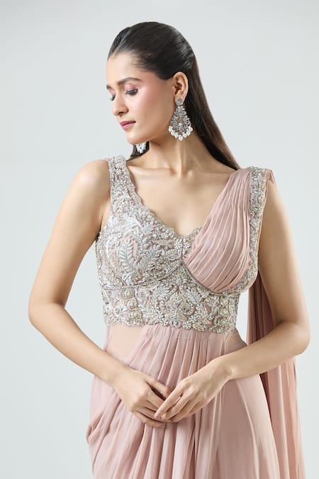 Buy Samyukta Singhania Pink Net, Georgette Sequins, Floral Embellished Bodice Pre-stitched Saree Gown Buy_Samyukta Singhania_Pink Net, Georgette Sequins, Floral Embellished Bodice Pre-stitched Saree Gown