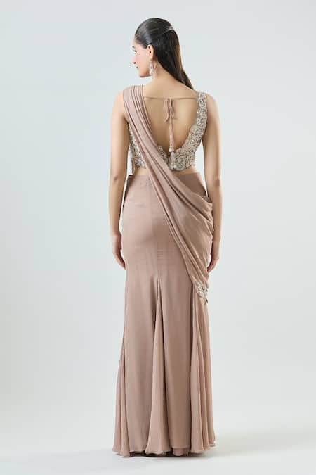 Shop_Samyukta Singhania_Peach Organza, Georgette Mermaid Pre-draped Saree Set With Embellished Blouse _at_Aza_Fashions