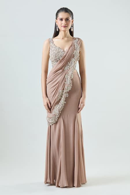 Samyukta Singhania_Peach Organza, Georgette Mermaid Pre-draped Saree Set With Embellished Blouse _Online_at_Aza_Fashions
