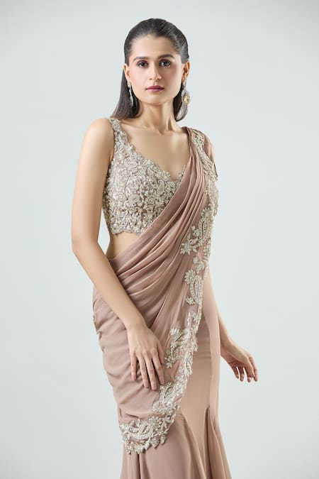 Buy_Samyukta Singhania_Peach Organza, Georgette Mermaid Pre-draped Saree Set With Embellished Blouse _Online_at_Aza_Fashions