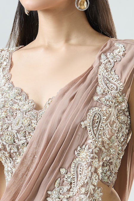 Shop_Samyukta Singhania_Peach Organza, Georgette Mermaid Pre-draped Saree Set With Embellished Blouse _Online_at_Aza_Fashions