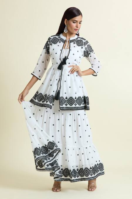 Samyukta Singhania_White Cotton Mirrors Scoop Neck, Embroidered Tiered Dress With Peplum Jacket _Online_at_Aza_Fashions