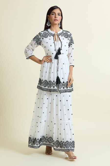 Buy_Samyukta Singhania_White Cotton Mirrors Scoop Neck, Embroidered Tiered Dress With Peplum Jacket _Online_at_Aza_Fashions