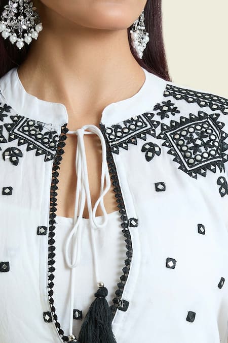 Shop_Samyukta Singhania_White Cotton Mirrors Scoop Neck, Embroidered Tiered Dress With Peplum Jacket _Online_at_Aza_Fashions