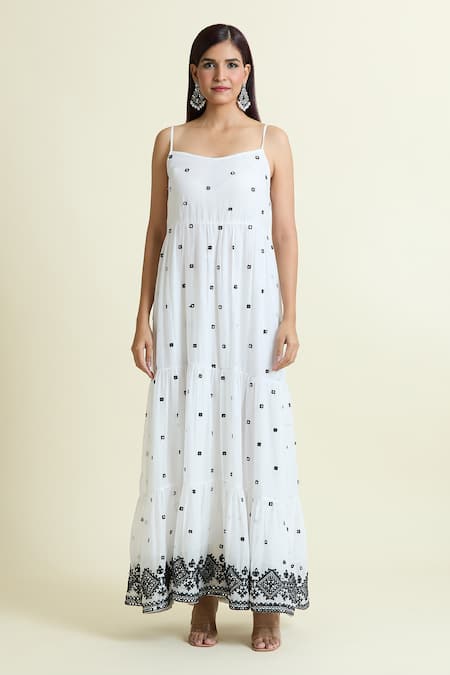 Samyukta Singhania_White Cotton Mirrors Scoop Neck, Embroidered Tiered Dress With Peplum Jacket _at_Aza_Fashions