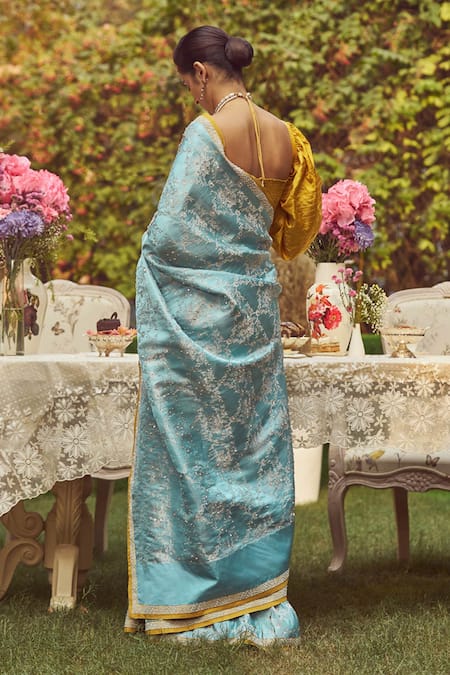 Shop Kasturi Kundal Blue Silk Zari Florence Handloom Saree With Unstitched Blouse Piece at Aza Fashions Shop_Kasturi Kundal_Blue Silk Zari Florence Handloom Saree With Unstitched Blouse Piece _at_Aza_Fashions