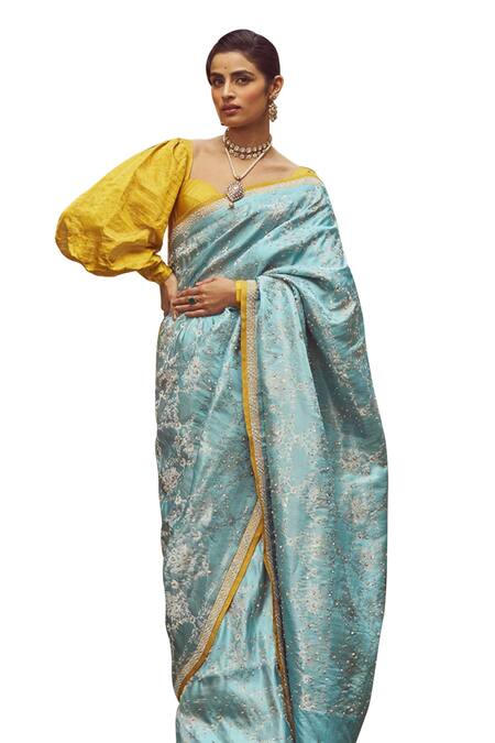 Kasturi Kundal Blue Silk Zari Florence Handloom Saree With Unstitched Blouse Piece Online at Aza Fashions Kasturi Kundal_Blue Silk Zari Florence Handloom Saree With Unstitched Blouse Piece _Online_at_Aza_Fashions