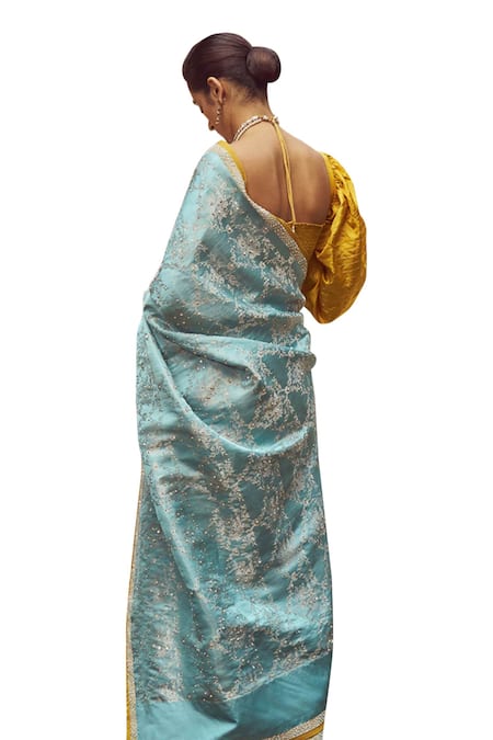 Shop Kasturi Kundal Blue Silk Zari Florence Handloom Saree With Unstitched Blouse Piece Online at Aza Fashions Shop_Kasturi Kundal_Blue Silk Zari Florence Handloom Saree With Unstitched Blouse Piece _Online_at_Aza_Fashions
