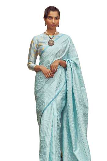 Kasturi Kundal_Blue Silk Anne Elliot Tanchoi Saree With Unstitched Blouse Piece_Online_at_Aza_Fashions