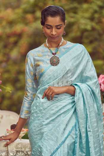 Buy_Kasturi Kundal_Blue Silk Anne Elliot Tanchoi Saree With Unstitched Blouse Piece_Online_at_Aza_Fashions