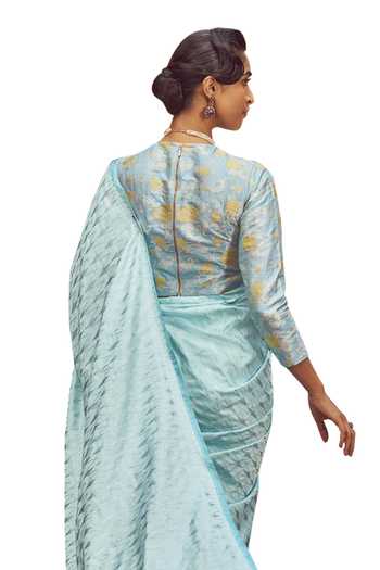 Shop_Kasturi Kundal_Blue Silk Anne Elliot Tanchoi Saree With Unstitched Blouse Piece_Online_at_Aza_Fashions