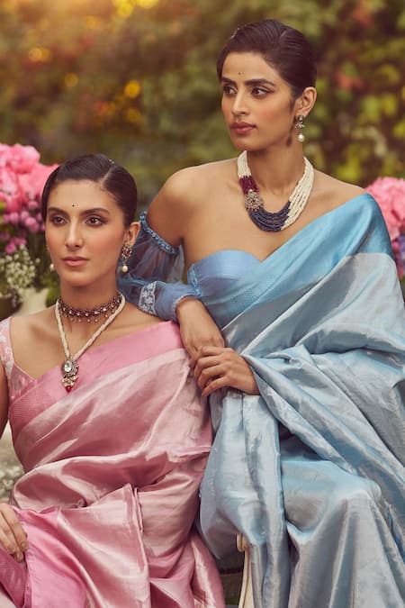 Kasturi Kundal_Blue Silk Zari Irene Adler Tissue Handloom Saree With Unstitched Blouse Piece _Online_at_Aza_Fashions