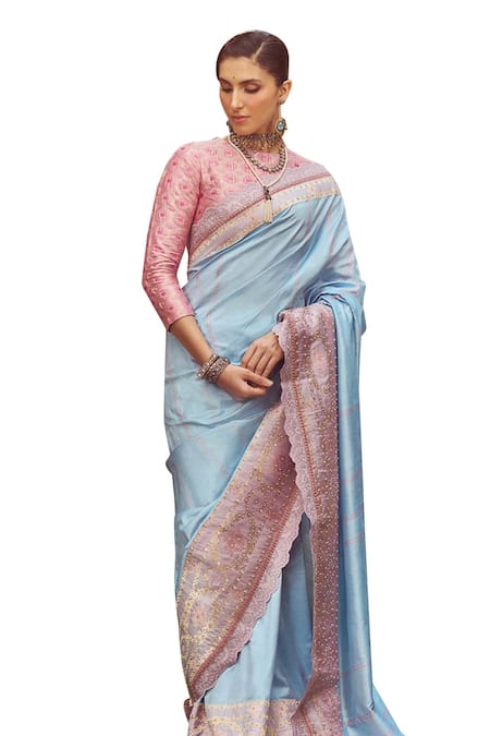 Kasturi Kundal_Blue Silk Jane Austen Zari Handloom Saree With Unstitched Blouse Piece _Online_at_Aza_Fashions