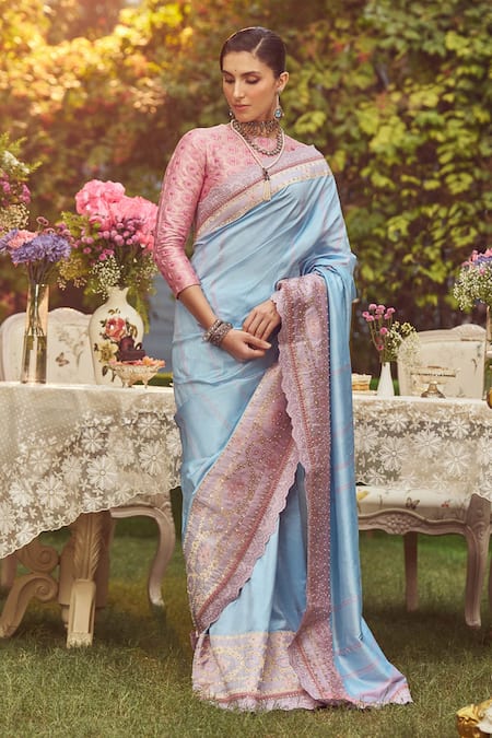 Buy_Kasturi Kundal_Blue Silk Jane Austen Zari Handloom Saree With Unstitched Blouse Piece _Online_at_Aza_Fashions
