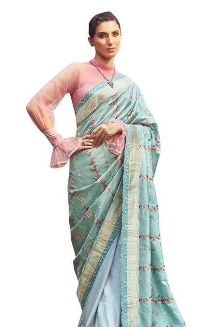 Kasturi Kundal_Blue Silk Embroidery Juan Of Arc Handloom Saree With Unstitched Blouse Piece _Online_at_Aza_Fashions