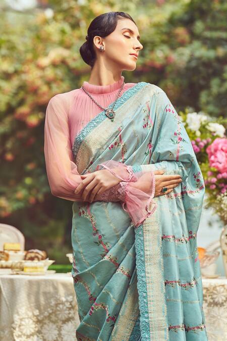 Buy_Kasturi Kundal_Blue Silk Embroidery Juan Of Arc Handloom Saree With Unstitched Blouse Piece _Online_at_Aza_Fashions