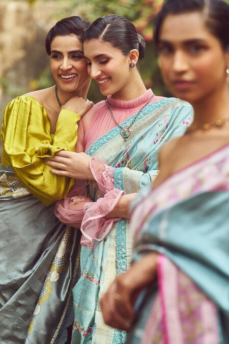 Shop_Kasturi Kundal_Blue Silk Embroidery Juan Of Arc Handloom Saree With Unstitched Blouse Piece _Online_at_Aza_Fashions