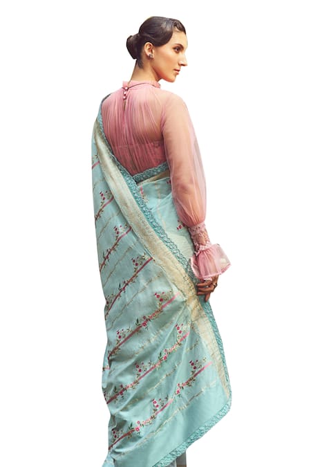 Kasturi Kundal_Blue Silk Embroidery Juan Of Arc Handloom Saree With Unstitched Blouse Piece _at_Aza_Fashions