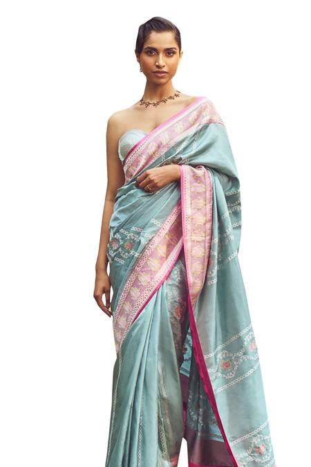 Kasturi Kundal_Blue Silk Lady Chatterley Meenakari Saree With Unstitched Blouse Piece _Online_at_Aza_Fashions