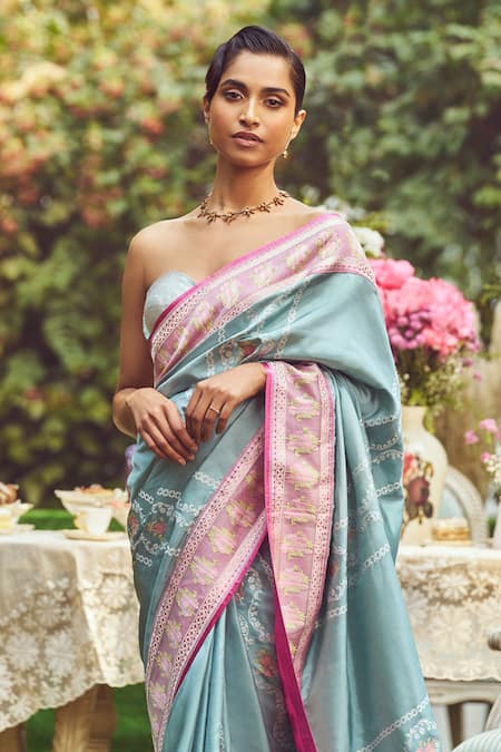 Buy_Kasturi Kundal_Blue Silk Lady Chatterley Meenakari Saree With Unstitched Blouse Piece _Online_at_Aza_Fashions