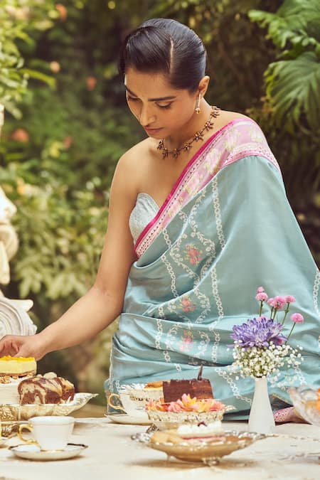 Shop_Kasturi Kundal_Blue Silk Lady Chatterley Meenakari Saree With Unstitched Blouse Piece _Online_at_Aza_Fashions