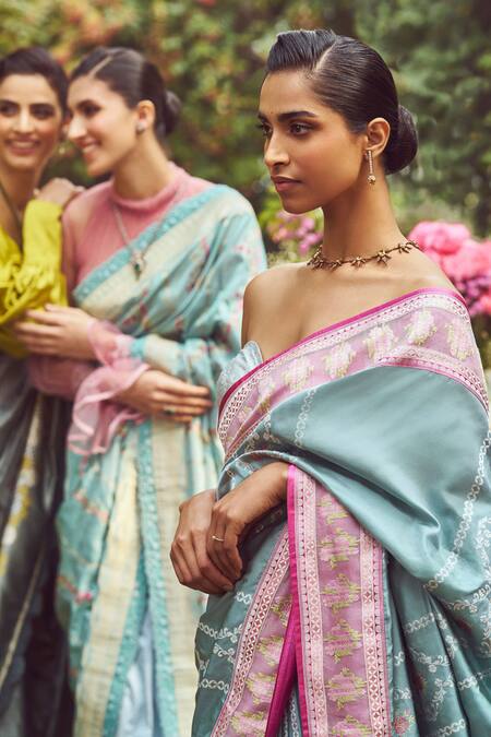 Kasturi Kundal_Blue Silk Lady Chatterley Meenakari Saree With Unstitched Blouse Piece _at_Aza_Fashions