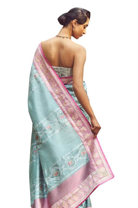 Buy_Kasturi Kundal_Blue Silk Lady Chatterley Meenakari Saree With Unstitched Blouse Piece 