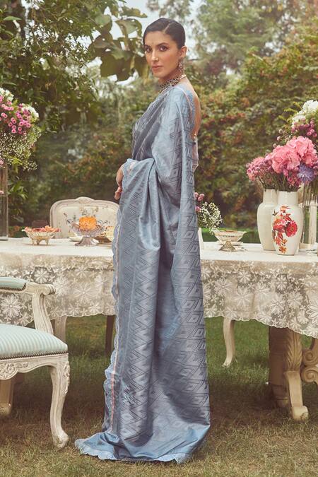 Shop Kasturi Kundal Blue Silk Emma Handloom Saree With Unstitched Blouse Piece Online at Aza Fashions Shop_Kasturi Kundal_Blue Silk Emma Handloom Saree With Unstitched Blouse Piece _Online_at_Aza_Fashions