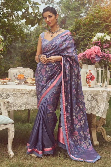 Kasturi Kundal Blue Pure Silk Catherine Dampach Handloom Saree With Unstitched Blouse Piece 