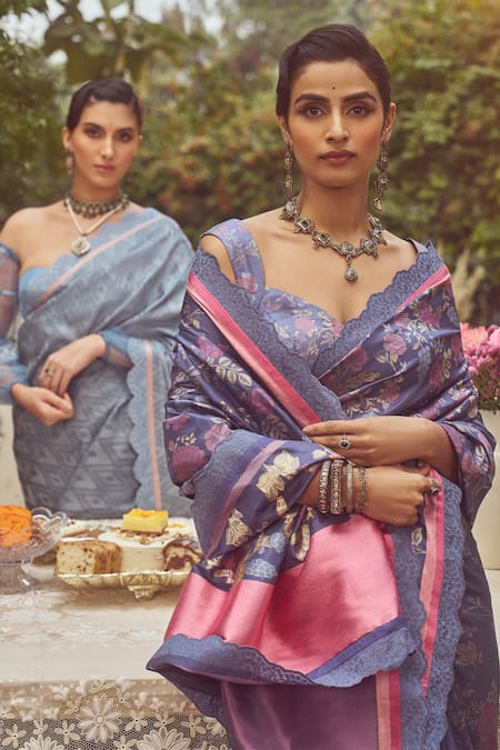 Kasturi Kundal_Blue Silk Catherine Dampach Handloom Saree With Unstitched Blouse Piece _Online_at_Aza_Fashions