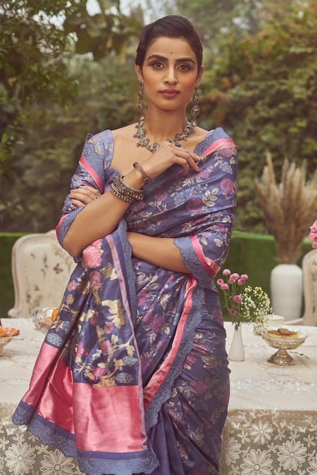 Buy_Kasturi Kundal_Blue Silk Catherine Dampach Handloom Saree With Unstitched Blouse Piece _Online_at_Aza_Fashions