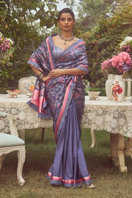 Shop_Kasturi Kundal_Blue Silk Catherine Dampach Handloom Saree With Unstitched Blouse Piece _Online_at_Aza_Fashions