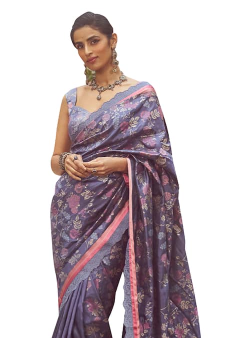 Kasturi Kundal_Blue Silk Catherine Dampach Handloom Saree With Unstitched Blouse Piece _at_Aza_Fashions