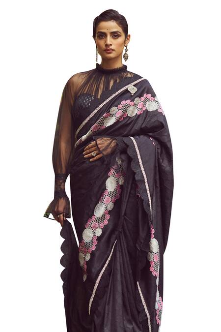 Kasturi Kundal_Black Silk Embroidery Lady Jessica Meenakari Saree With Unstitched Blouse Piece _Online_at_Aza_Fashions